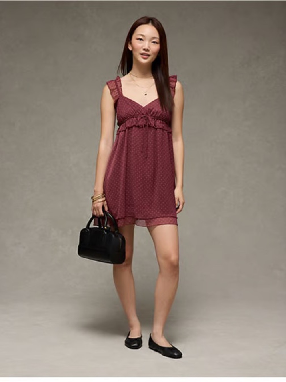 American Eagle V-Neck Sleeveless Mini Dress in Burgundy